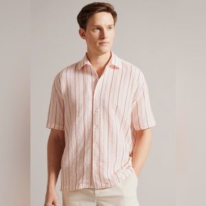 Ted Baler men’s beige red striped button down shirt 3 L75-19